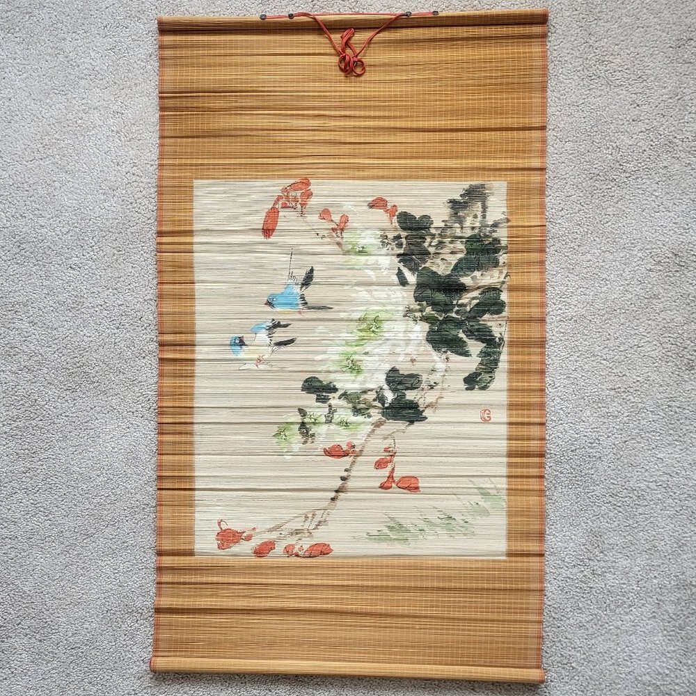 Vintage Oriental Bamboo Scroll Wall Hanging